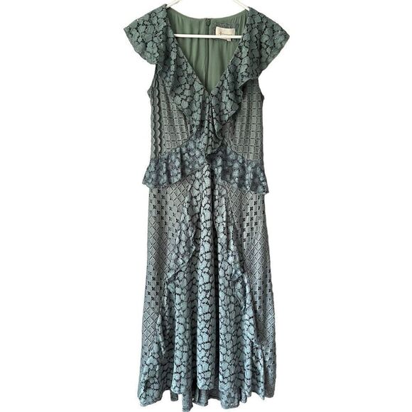 NEW Anthropologie Antoinette Ruffled Midi Dress size M Green - Picture 4 of 15